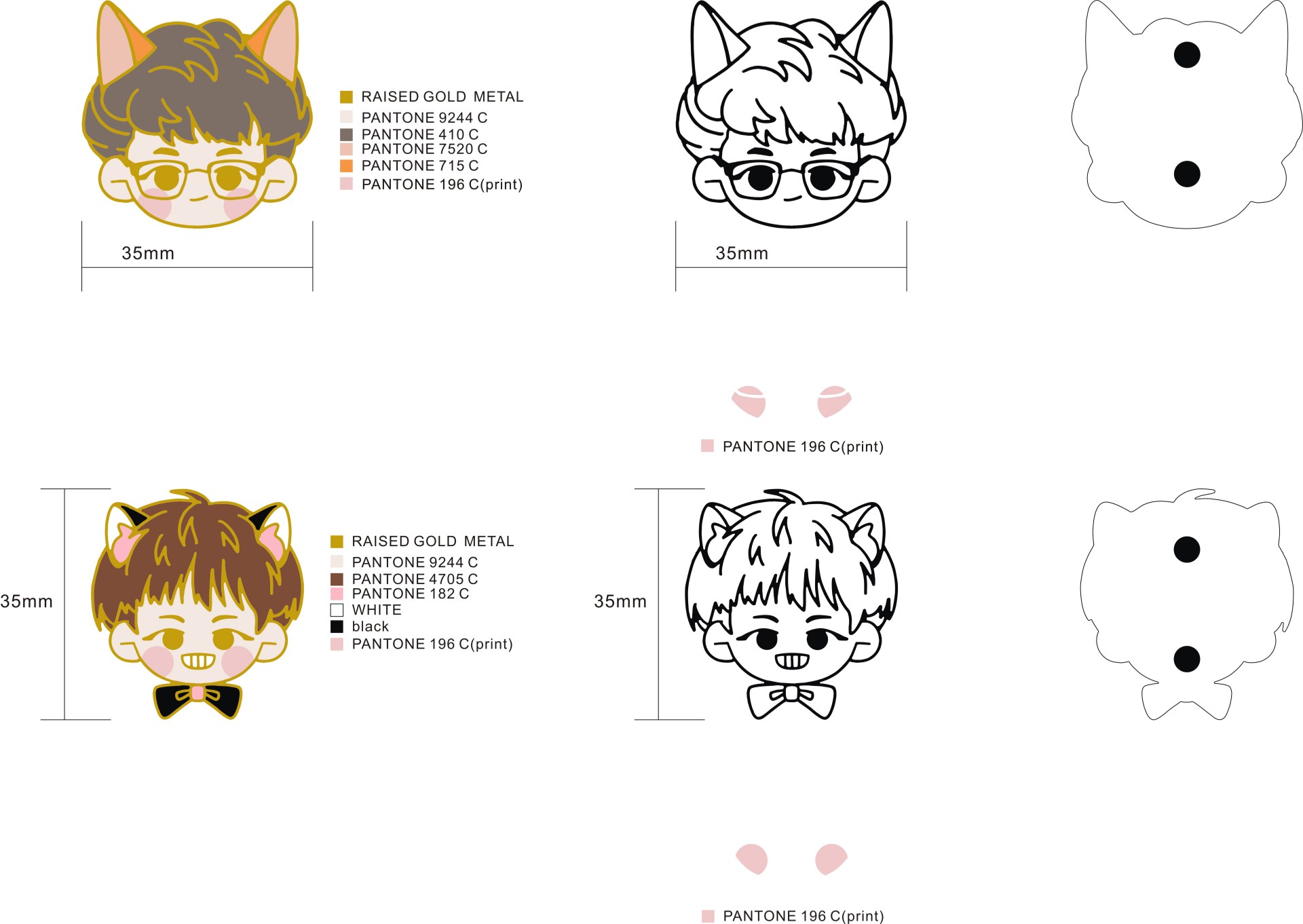 Custom Cutout Cat Ear Chibi Boy Dual Set Hard Enamel Lapel Pin Design Drawing
