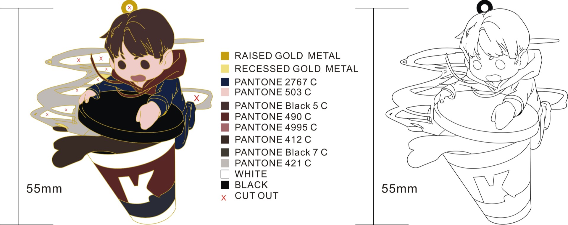 Custom Cutout Chibi Boy With Coffee Cup Hard Enamel Lapel Pin Design Drawing