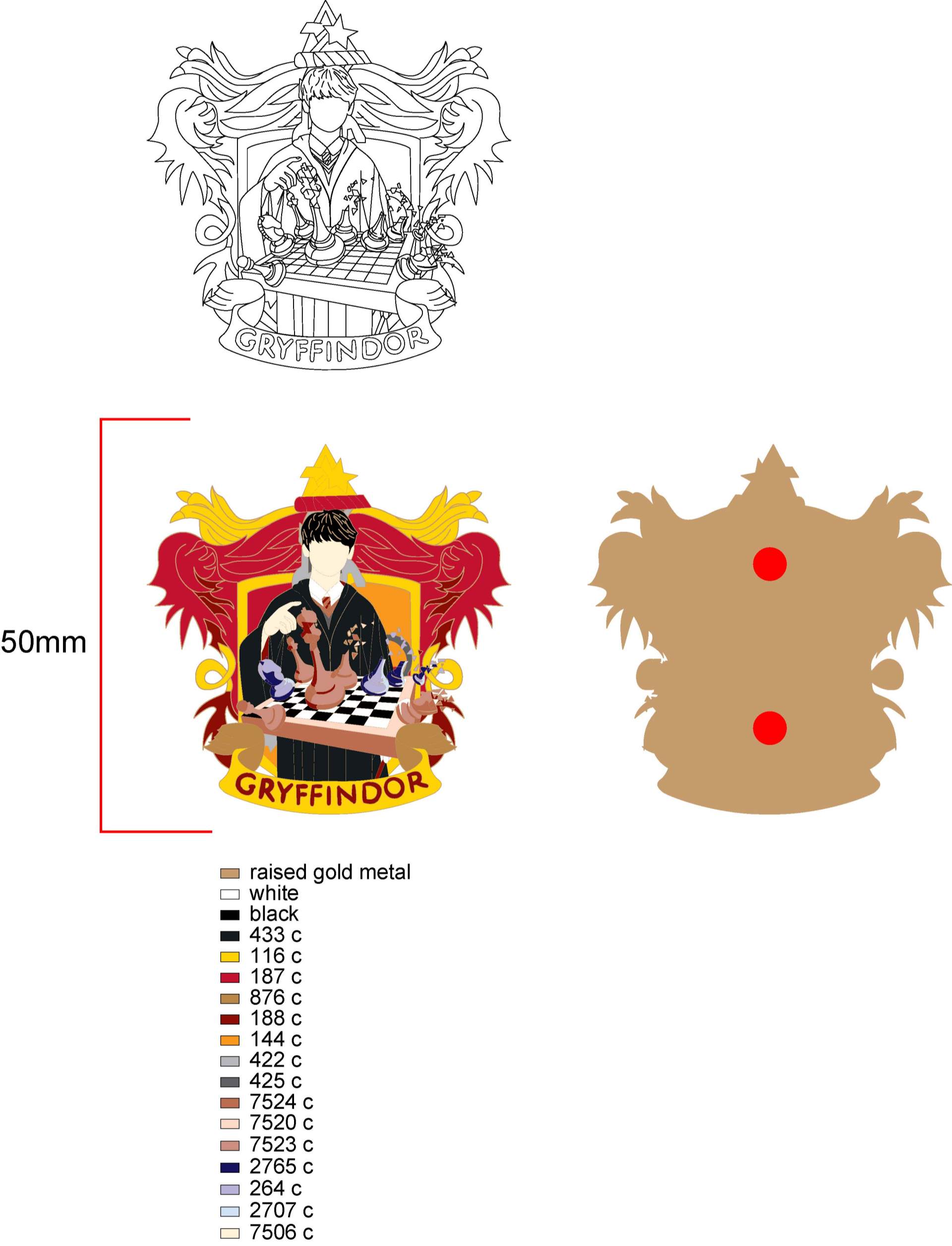 Custom Cutout Gryffindor Chess Coat Of Arms Hard Enamel Lapel Pin Design Drawing