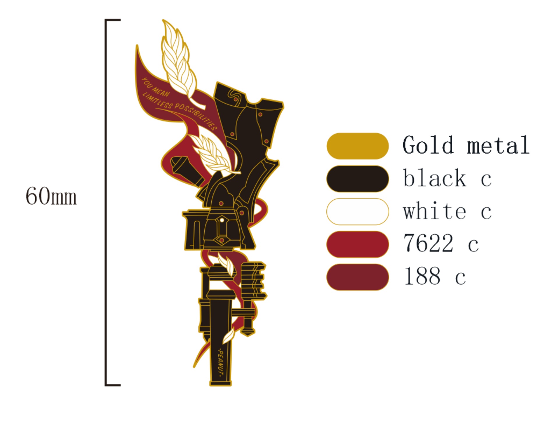 Custom Cutout Gun Wheat Leaf Red Ribbon Quote Text Soft Enamel Lapel Pin Design Drawing