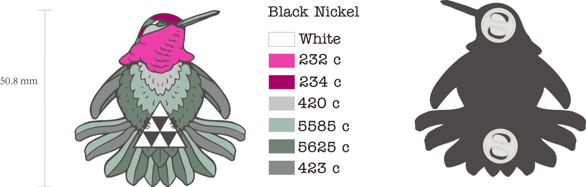 Custom Cutout Pink Throat Hummingbird With Triangle Totem Black Nickel Dyed Metal Lapel Pin Design Drawing