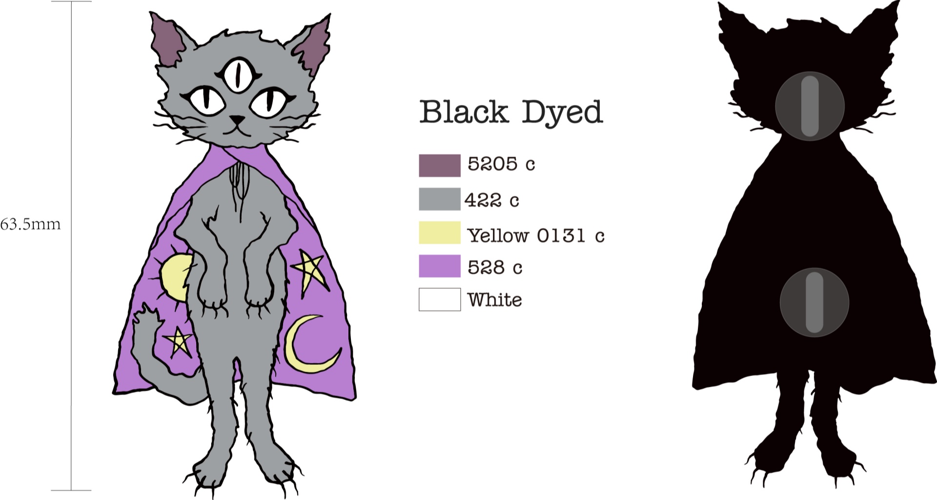 Custom Cutout Three Eyed Wizard Cat With Moon Star Cloak Dyed Metal Lapel Pin Design Drawing