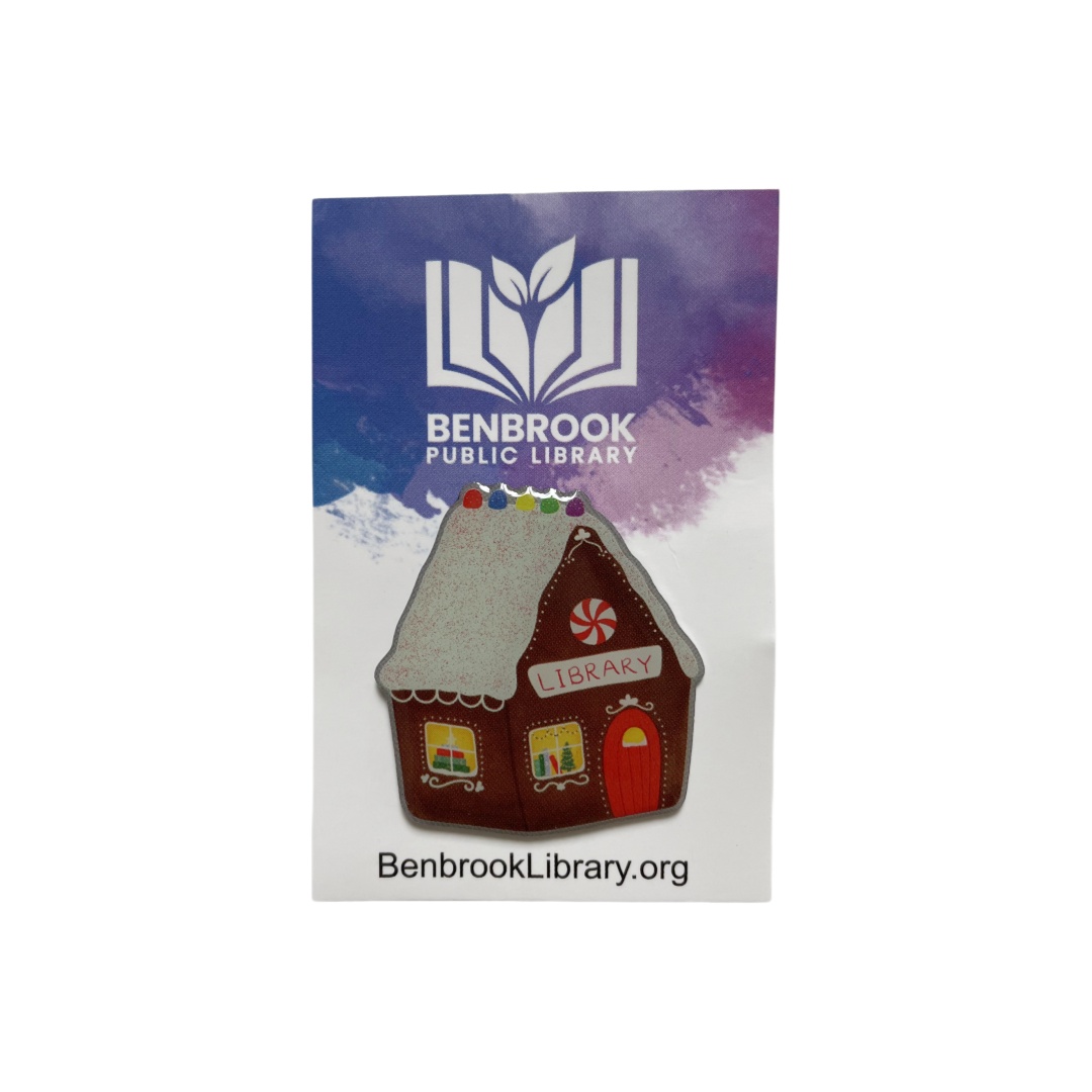 Custom Benbrook Public Library Gingerbread Library House Cartoon Offset Printed Pins With Brand Backing Card