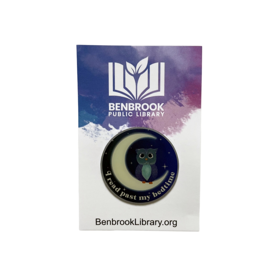Custom Benbrook Public Library Crescent Moon Owl I Read Past My Bedtime Offset Printed Pins With Brand Backing Card