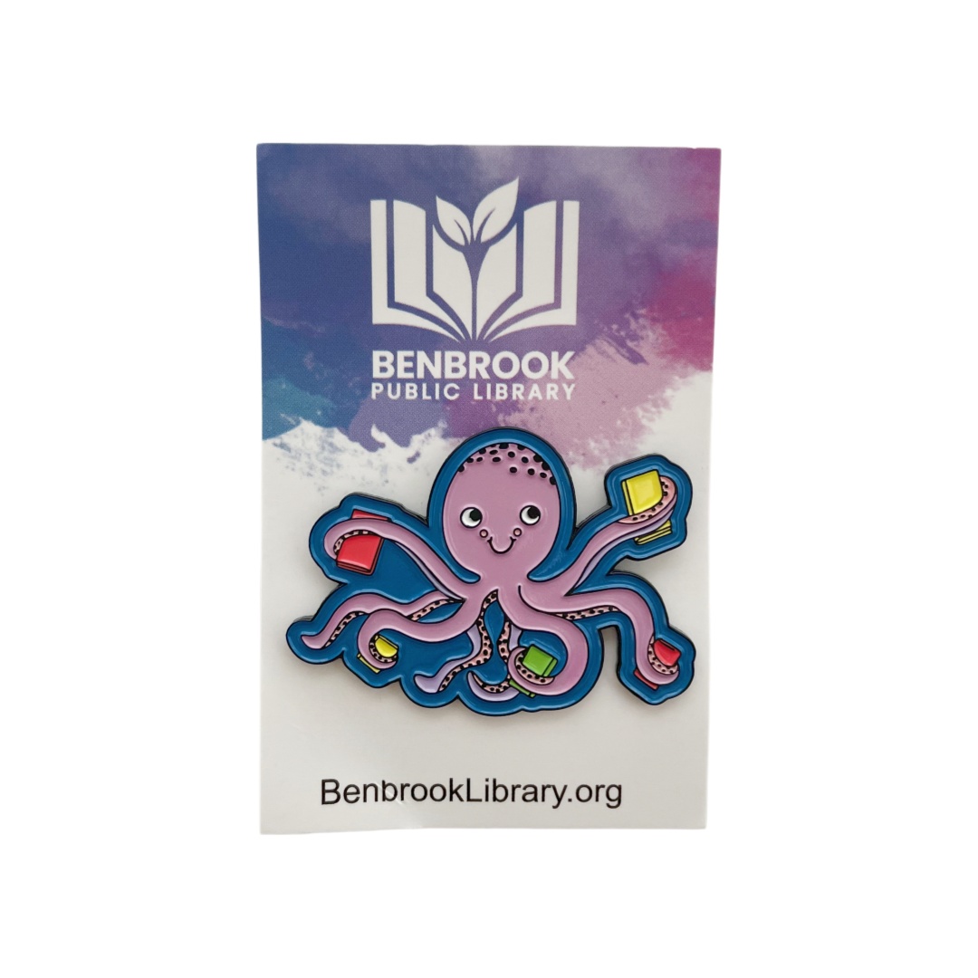 Custom Benbrook Library Book Holding Octopus Cartoon Dyed Metal Pins With Backing Card