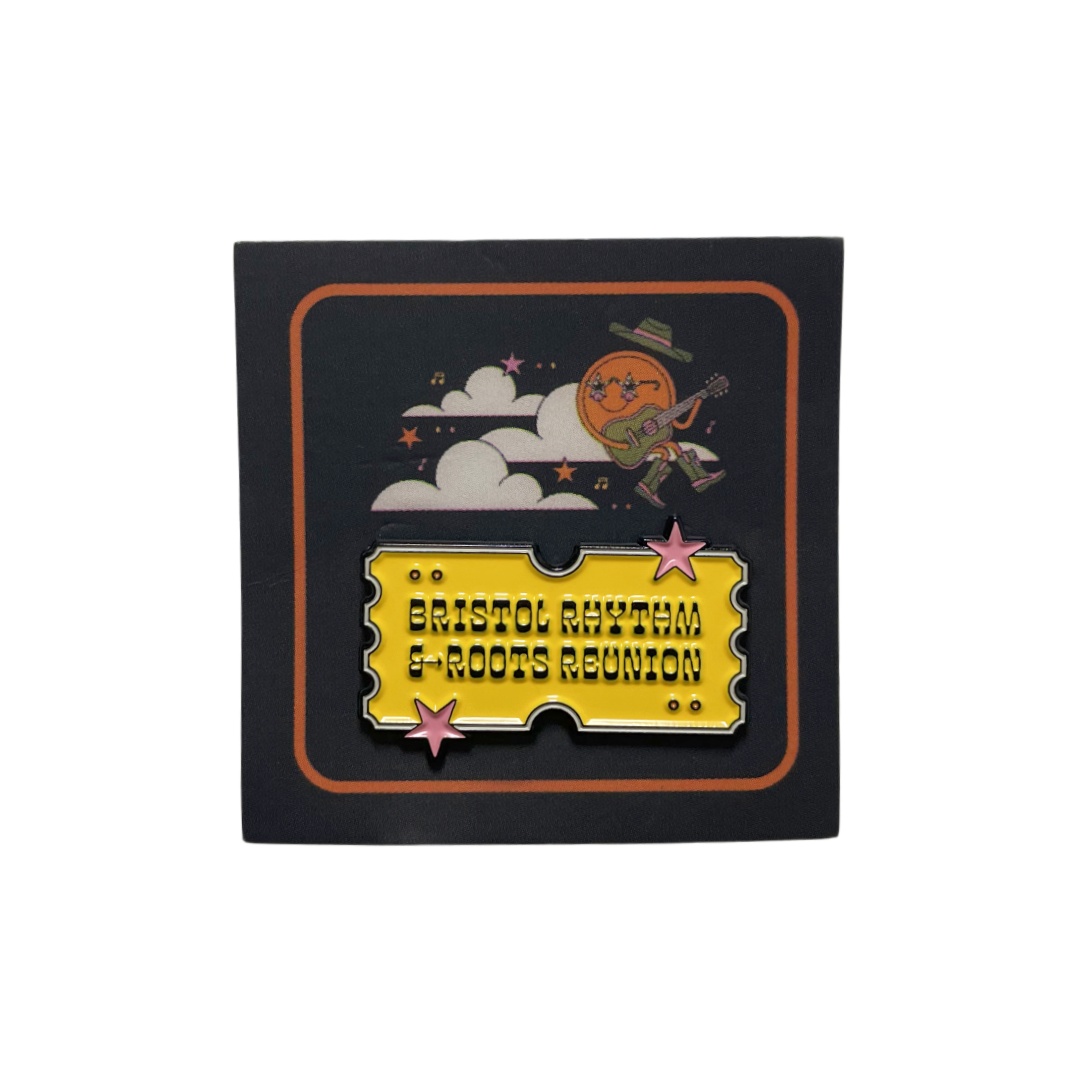 Custom Bristol Rhythm & Roots Reunion Ticket Shape Cartoon Dyed Metal Pins With Custom Printed Backing Card