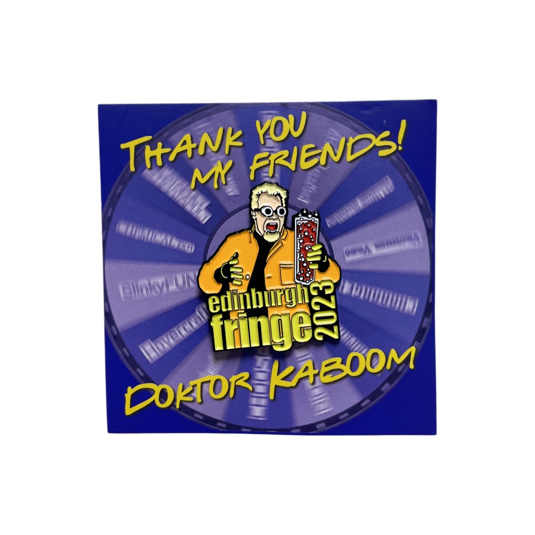 Custom Edinburgh Fringe 2023 Doktor Kaboom Character Cartoon Dyed Metal Pins With Backing Card