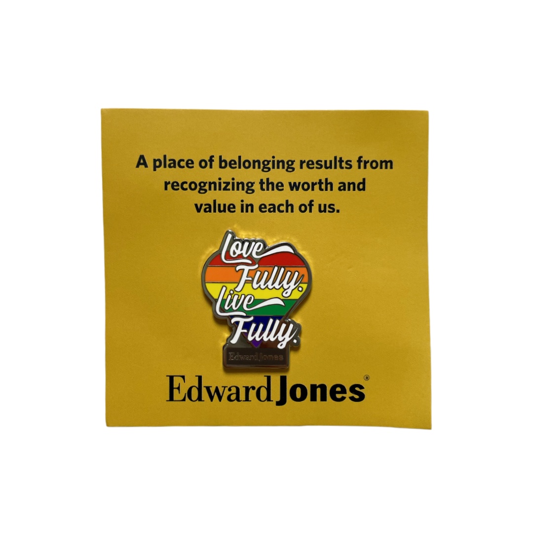 Custom Edward Jones Rainbow Heart Love Fully Live Fully Hard Enamel Pins With Yellow Brand Printed Backing Card