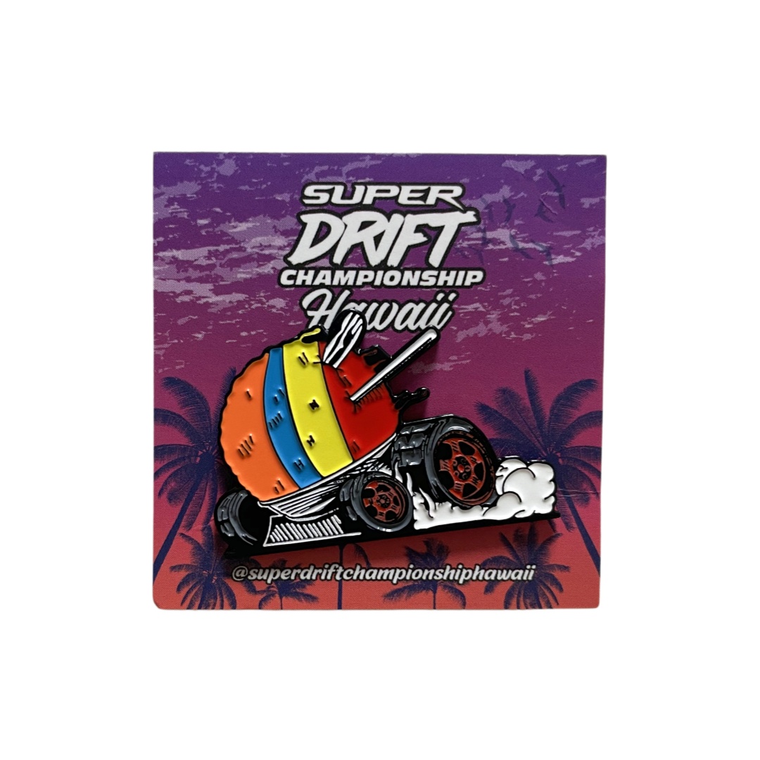 Custom Hawaii Super Drift Championship Beach Ball Race Car Dyed Metal Pins With Tropical Backing Card