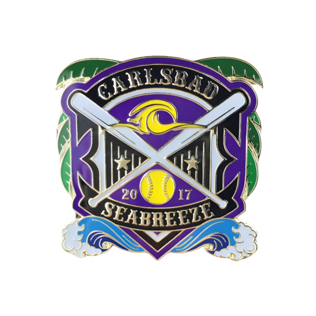 Custom Carlsbad Seabreeze Wave Shield Cross Bat Baseball Trading Pins