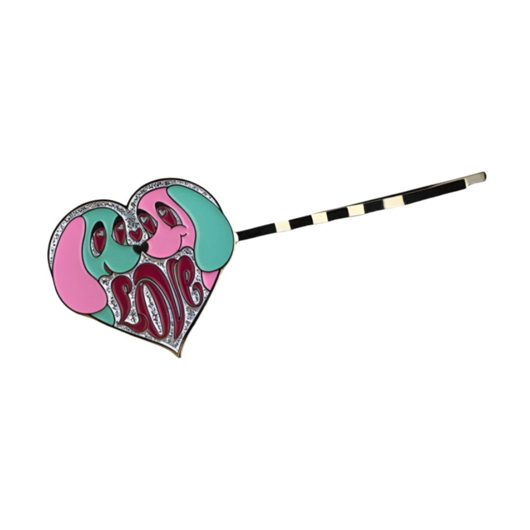 Custom Heart Shape Dogs Love Text Cartoon Graphic Soft Enamel Hair Pins