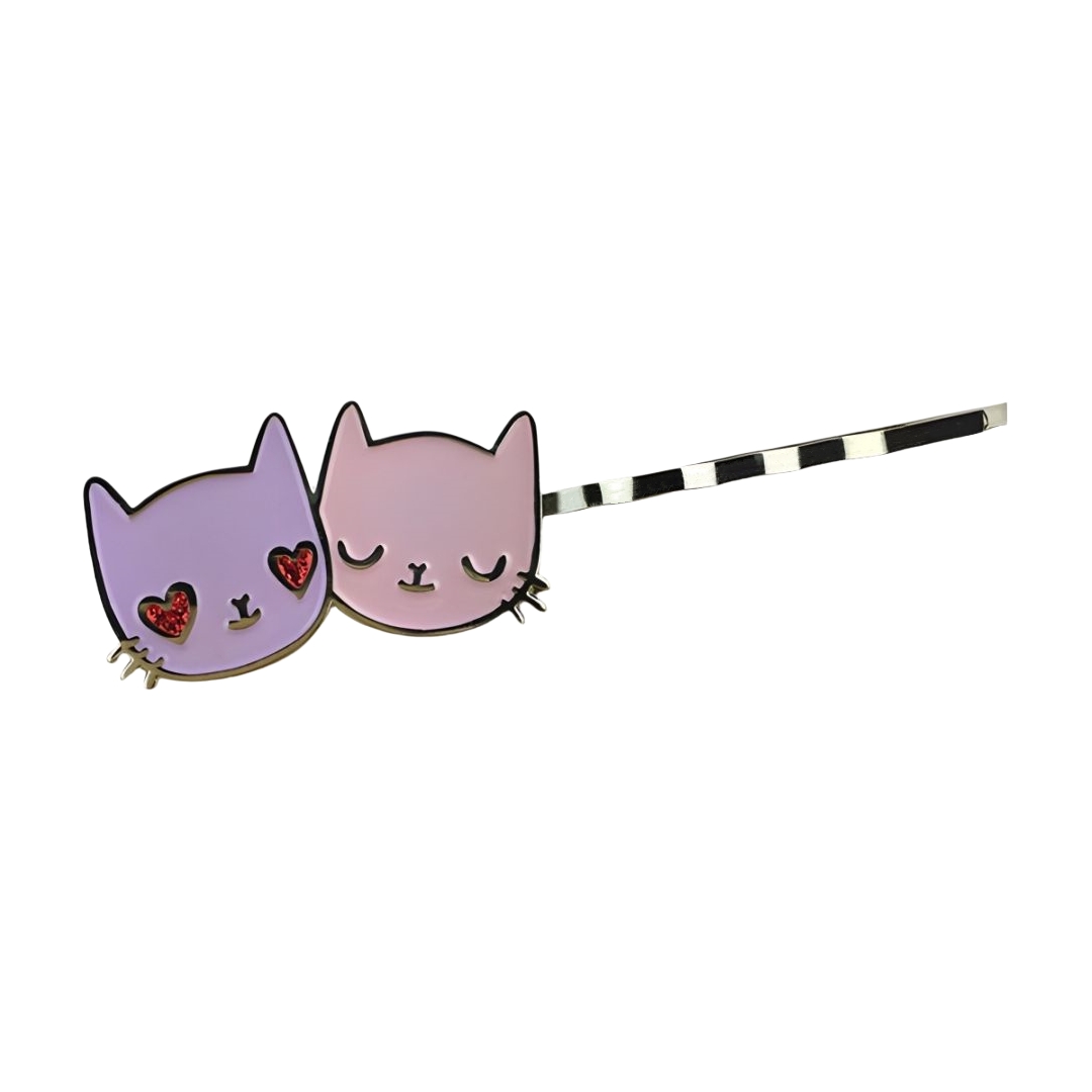 Custom Two Cute Heart Eyes Kittens Cartoon Graphic Soft Enamel Hair Pins