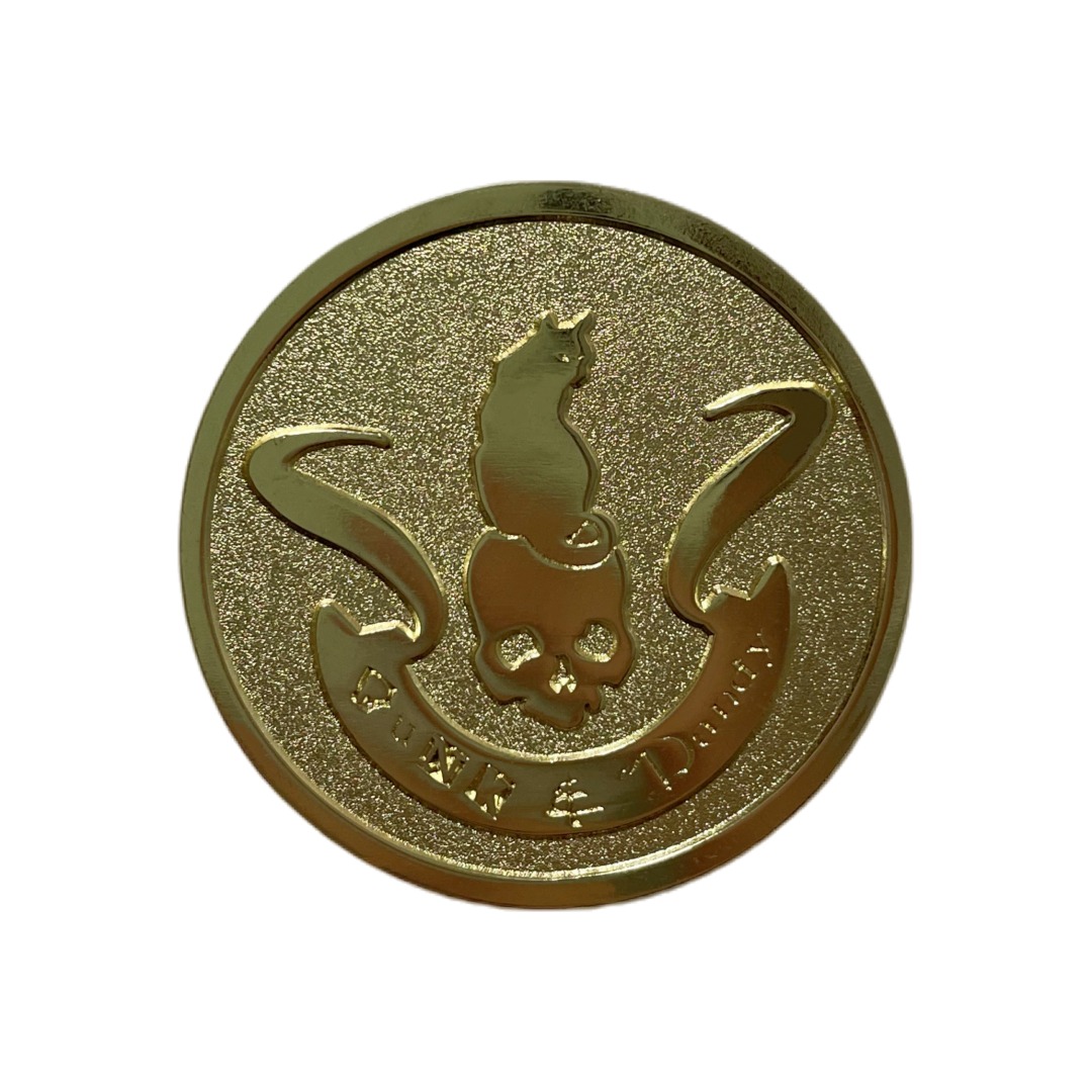 Custom Gold Cat On Skull Round Die Struck Pins