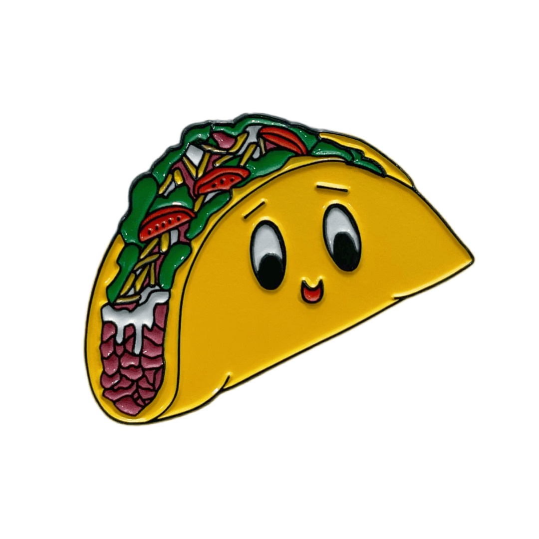 Custom Smiling Taco Cartoon Graphic Dyed Metal Pins