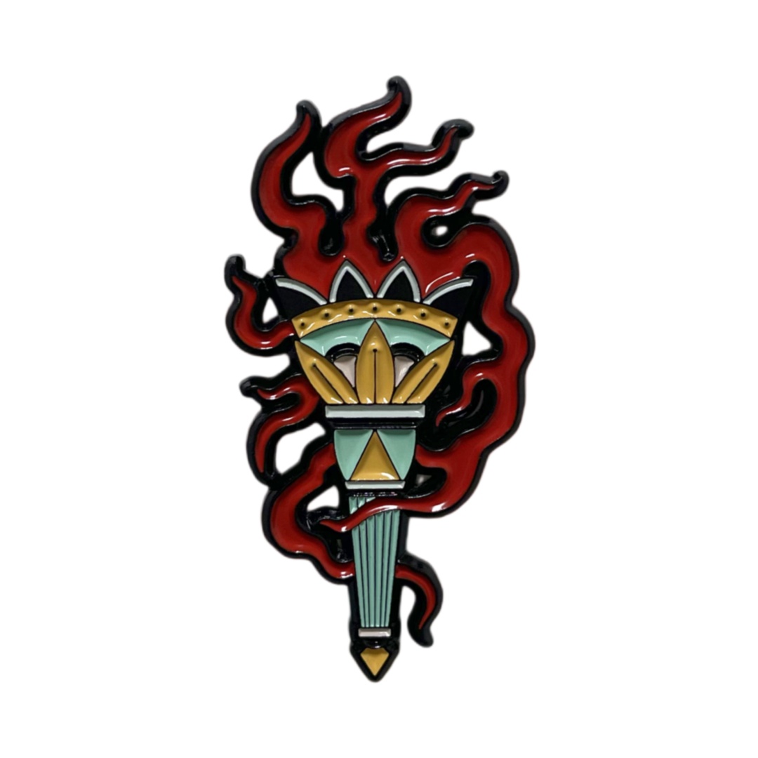 Custom Tattoo Style Flaming Torch Graphic Dyed Metal Pins