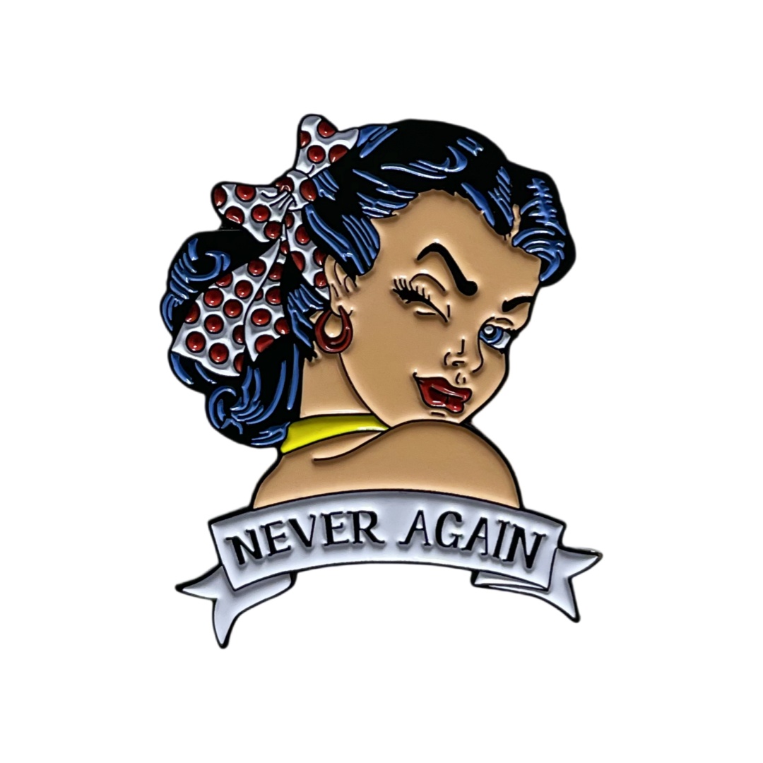 Custom Vintage Pinup Girl Banner Graphic Dyed Metal Pins