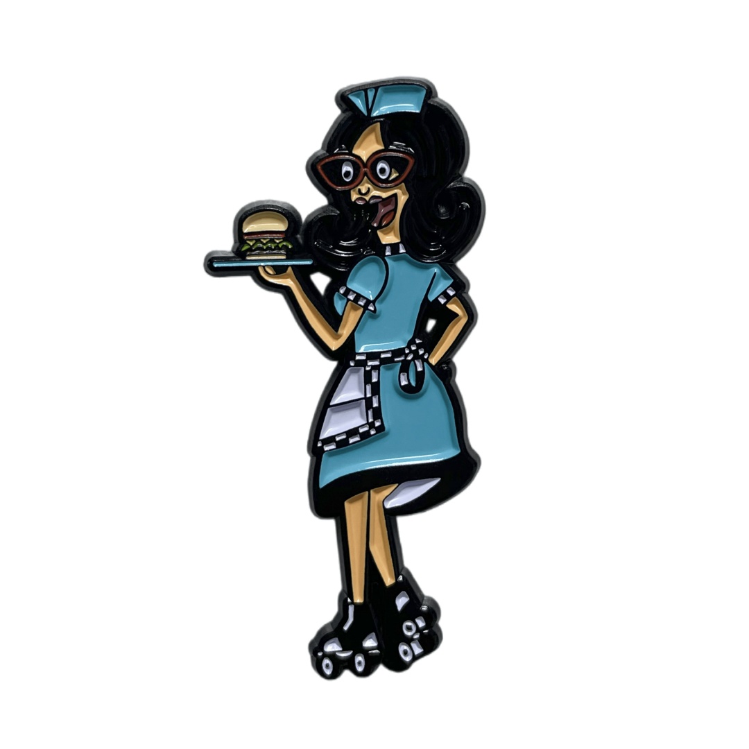 Custom Skate Diner Waitress Cartoon Character Dyed Metal Pins