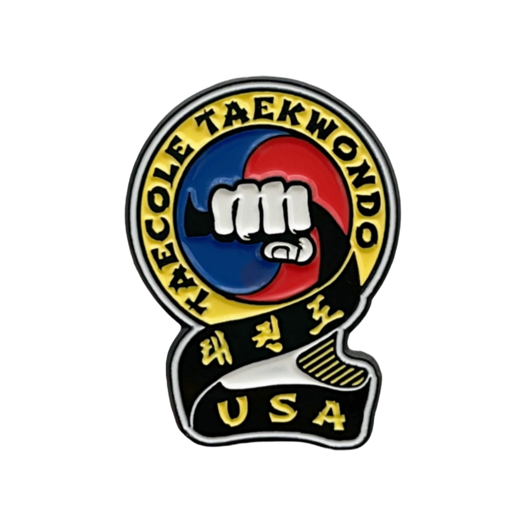 Custom Taekwondo USA Circular Emblem Graphic Dyed Metal Pins