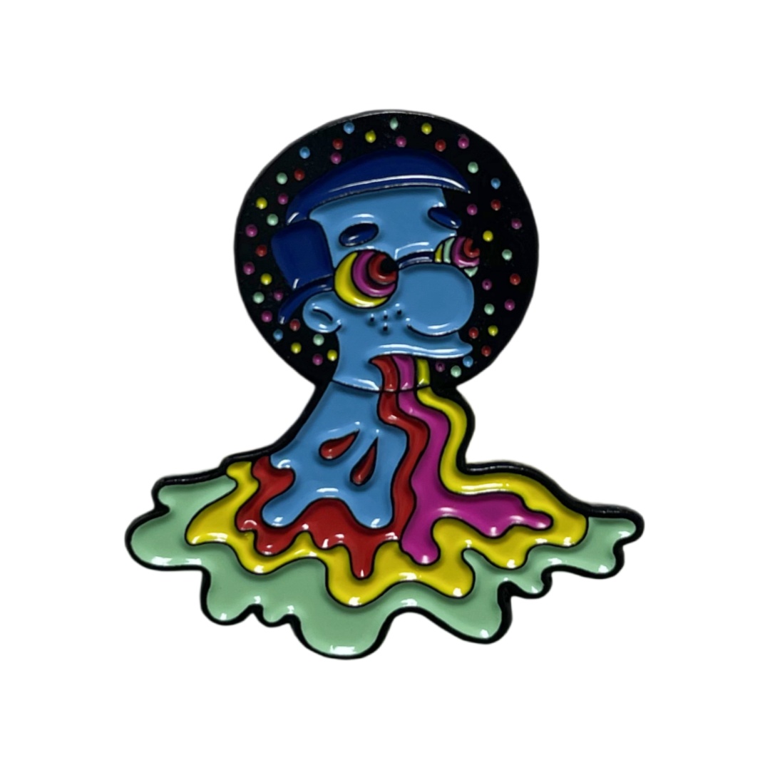 Custom Trippy Melting Blue Man Cartoon Character Dyed Metal Pins