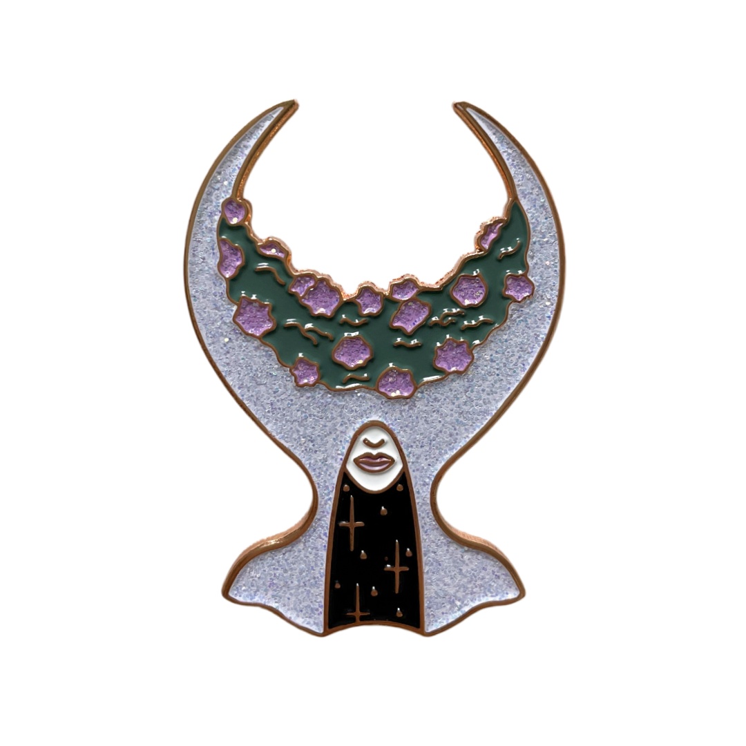 Custom Crescent Moon Witch Floral Art Glitter Pins
