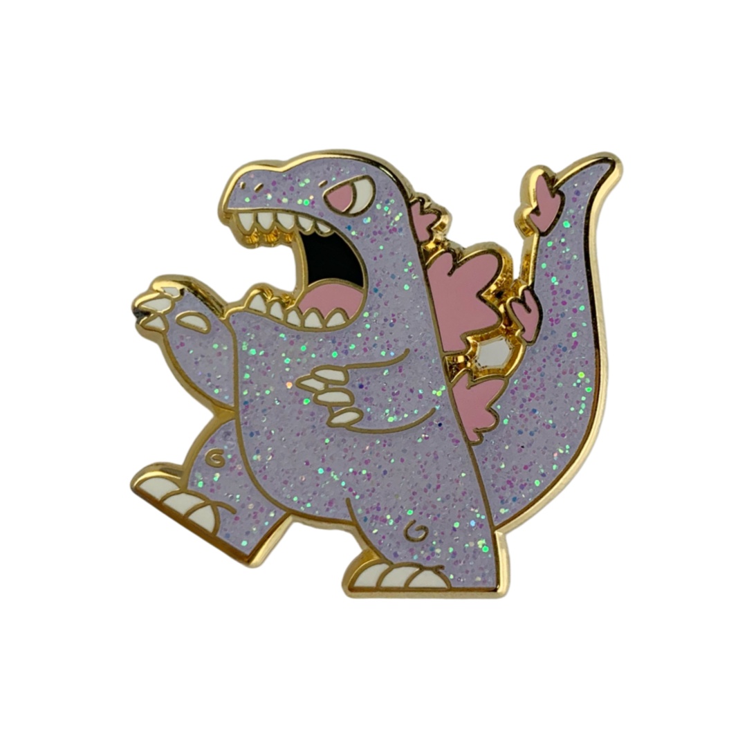 Custom Cute Pastel Purple Godzilla Glitter Pins