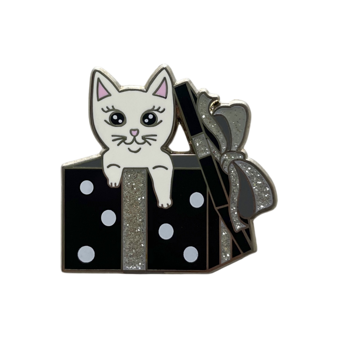 Custom White Kitten Inside Gift Box Glitter Pins