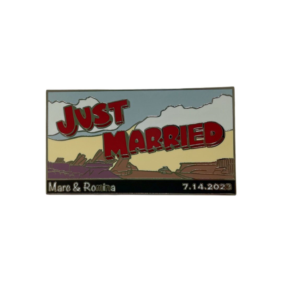 Custom Just Married Desert Landscape Wedding Hard Enamel Pins