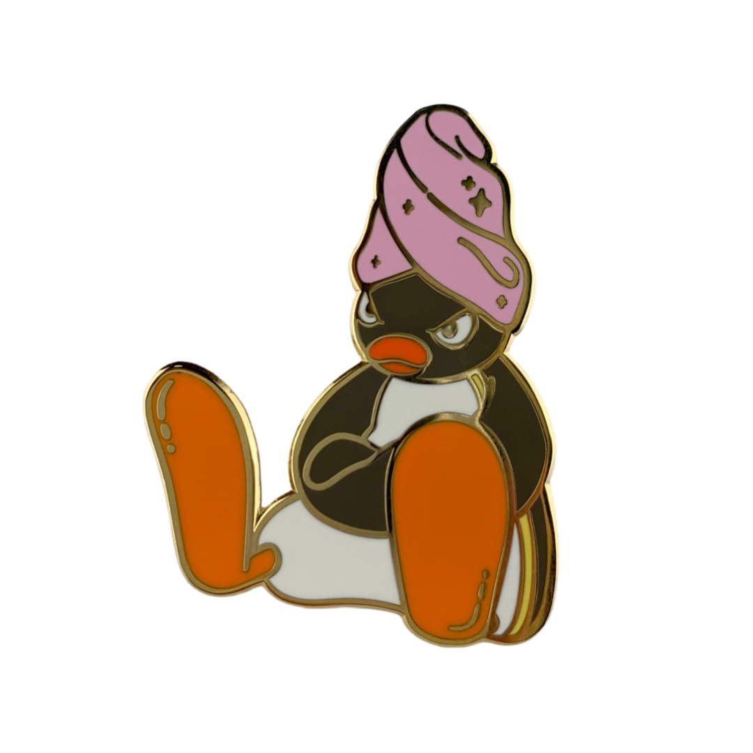 Custom Grumpy Penguin With Pink Turban Hard Enamel Pins