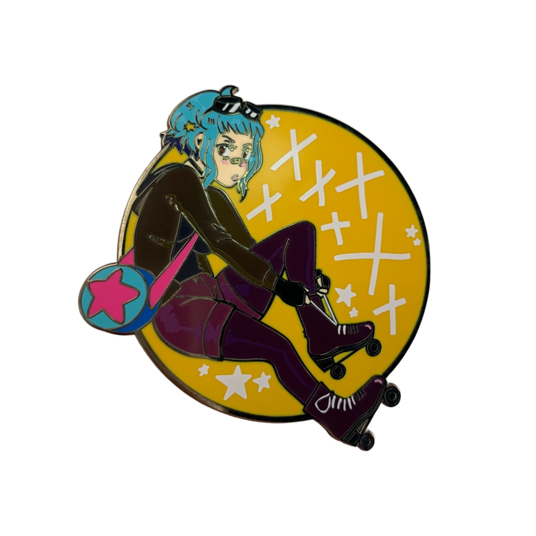 Custom Blue Hair Roller Skate Girl Cartoon Hard Enamel UV Printed Pins