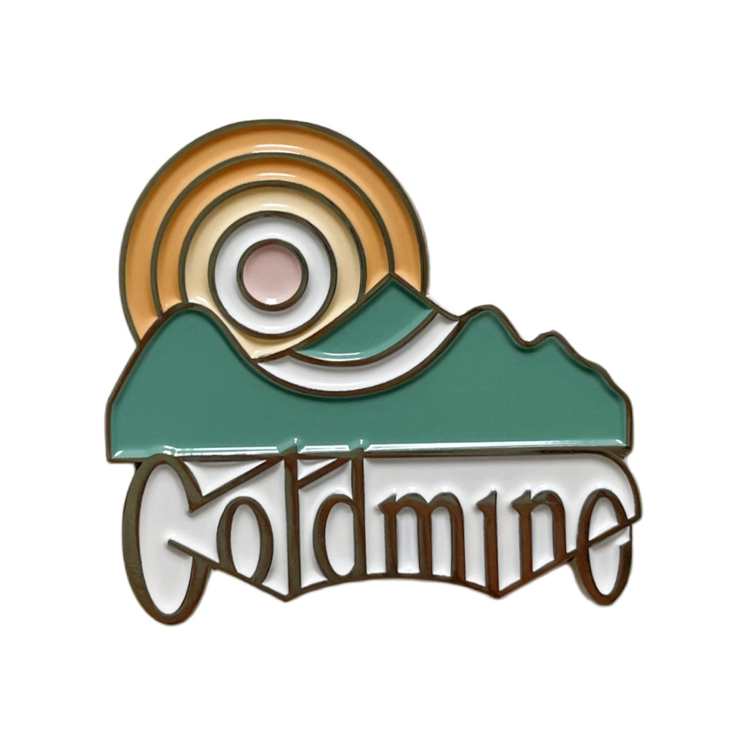 Custom Goldmine Mountain Sunset Vintage Lettering Soft Enamel Pins