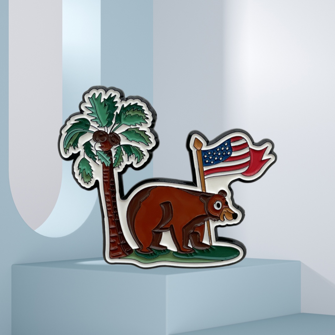 California Bear Palm Tree USA Flag Dyed Metal Pins